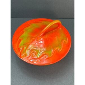 Vtg USA Pottery Covered Dish Speckled Orange Leaf Casserole Serving Mid Century